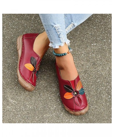 Flower Loafers Flat Mouth Round Single Shallow Fashion Women's Casual Shoes Toe Women's Pumps Red $17.58 Loafers & Slip-Ons