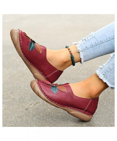 Flower Loafers Flat Mouth Round Single Shallow Fashion Women's Casual Shoes Toe Women's Pumps Red $17.58 Loafers & Slip-Ons