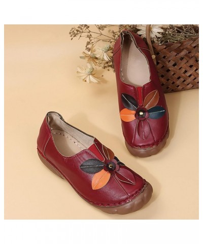 Flower Loafers Flat Mouth Round Single Shallow Fashion Women's Casual Shoes Toe Women's Pumps Red $17.58 Loafers & Slip-Ons