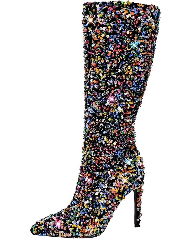 Stiletto Heel Boots for Women Pull On Mid Calf Boots with Sequins Sparkly Outside Shoes Bling Colorful $33.87 Boots