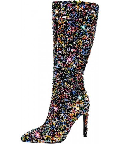 Stiletto Heel Boots for Women Pull On Mid Calf Boots with Sequins Sparkly Outside Shoes Bling Colorful $33.87 Boots