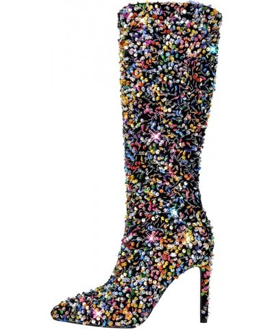 Stiletto Heel Boots for Women Pull On Mid Calf Boots with Sequins Sparkly Outside Shoes Bling Colorful $33.87 Boots