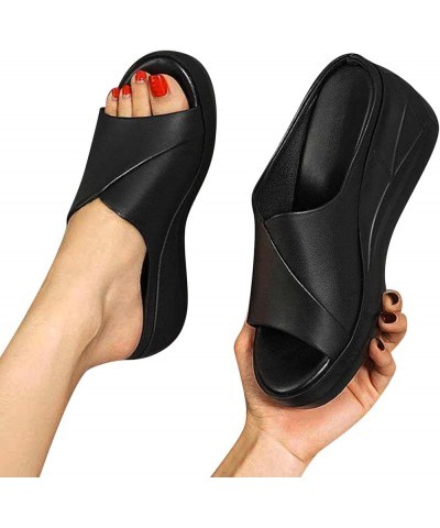 Women's Platform Slide Sandal Summer Slippers Fish Mouth Shoes Fashion Wedge Sandal Middle Heel Flip-Flop Summer Sandals Blac...