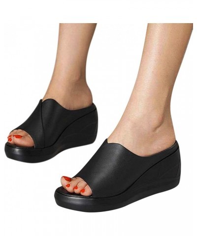 Women's Platform Slide Sandal Summer Slippers Fish Mouth Shoes Fashion Wedge Sandal Middle Heel Flip-Flop Summer Sandals Blac...