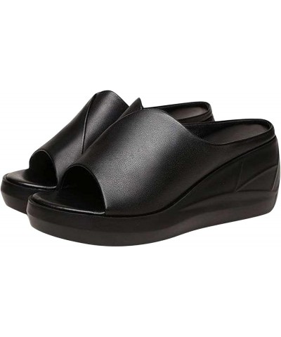 Women's Platform Slide Sandal Summer Slippers Fish Mouth Shoes Fashion Wedge Sandal Middle Heel Flip-Flop Summer Sandals Blac...