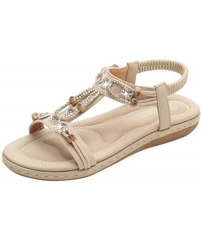 Womens T-Strap Sandals Bohemian Beaded Flat Sandals Ladies Open Toe Elastic Ankle Strap Sandals Summer Beach Shoes 9-beige $1...