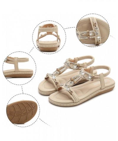 Womens T-Strap Sandals Bohemian Beaded Flat Sandals Ladies Open Toe Elastic Ankle Strap Sandals Summer Beach Shoes 9-beige $1...