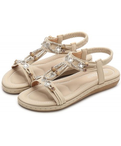 Womens T-Strap Sandals Bohemian Beaded Flat Sandals Ladies Open Toe Elastic Ankle Strap Sandals Summer Beach Shoes 9-beige $1...