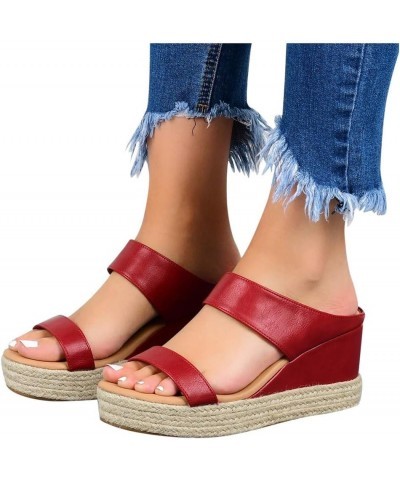 Shoes Women Breathable Beach Casual Toe Slip-On Sandals Summer Open Straw Wedges Women's Womens Wedge Sandals Size 10 Red $15...