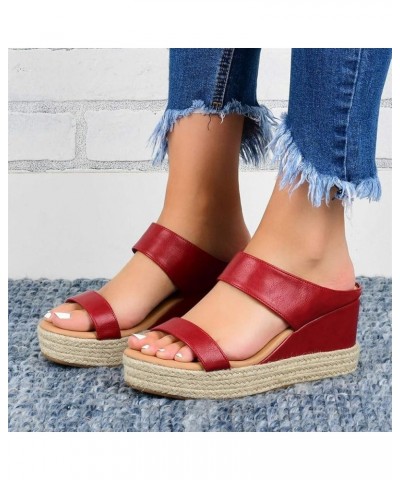 Shoes Women Breathable Beach Casual Toe Slip-On Sandals Summer Open Straw Wedges Women's Womens Wedge Sandals Size 10 Red $15...