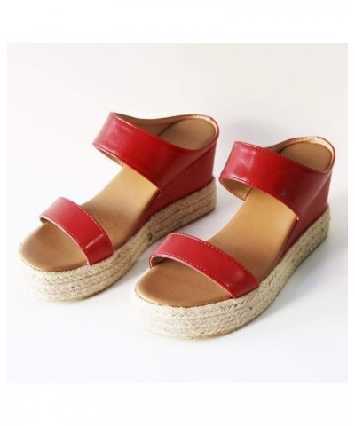 Shoes Women Breathable Beach Casual Toe Slip-On Sandals Summer Open Straw Wedges Women's Womens Wedge Sandals Size 10 Red $15...