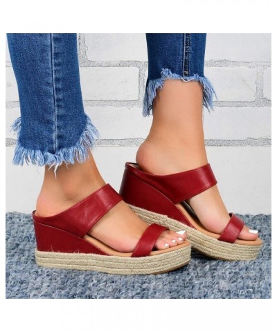 Shoes Women Breathable Beach Casual Toe Slip-On Sandals Summer Open Straw Wedges Women's Womens Wedge Sandals Size 10 Red $15...