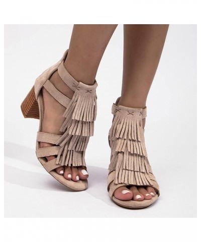 Women's Ankle Strap Dress Pump Low Chunky Heel Sandals Slip On Heeled Sandal Beige $19.71 Sandals