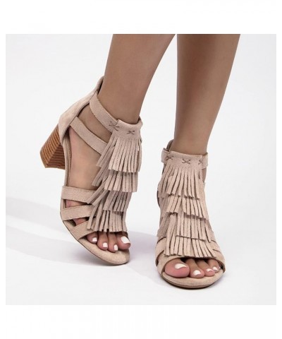 Women's Ankle Strap Dress Pump Low Chunky Heel Sandals Slip On Heeled Sandal Beige $19.71 Sandals