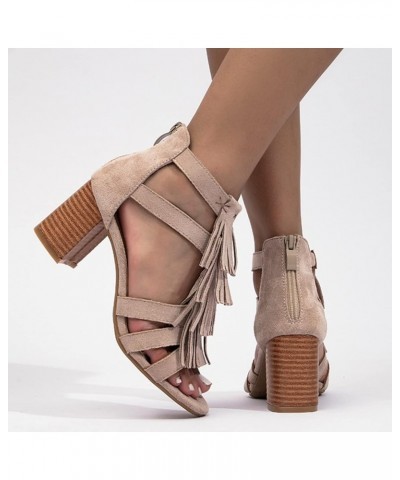 Women's Ankle Strap Dress Pump Low Chunky Heel Sandals Slip On Heeled Sandal Beige $19.71 Sandals