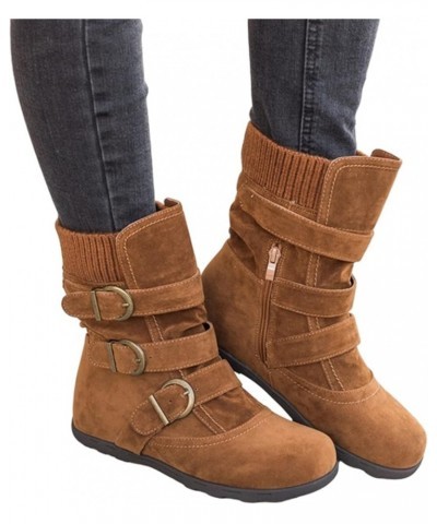 Combat Boots Womens Retro Wool Sock Shoes Long Thick Heel Mid Calf Boots Shoes Women's Ankle Boots & Booties Brown 8 $14.50 B...