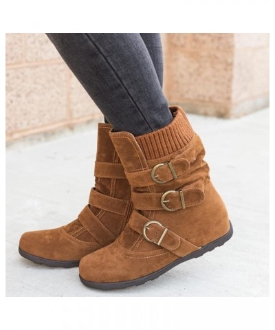 Combat Boots Womens Retro Wool Sock Shoes Long Thick Heel Mid Calf Boots Shoes Women's Ankle Boots & Booties Brown 8 $14.50 B...