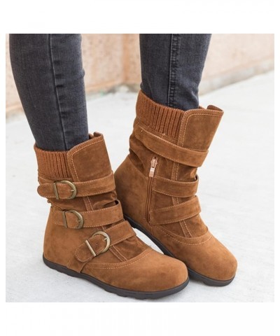 Combat Boots Womens Retro Wool Sock Shoes Long Thick Heel Mid Calf Boots Shoes Women's Ankle Boots & Booties Brown 8 $14.50 B...