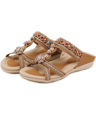 Rhinestone Flat Sandals Summer for Women Spring Slide Trendy Beach Falt 2024 Boho Ladies Peep Toe Breathable Dressy Brown $19...