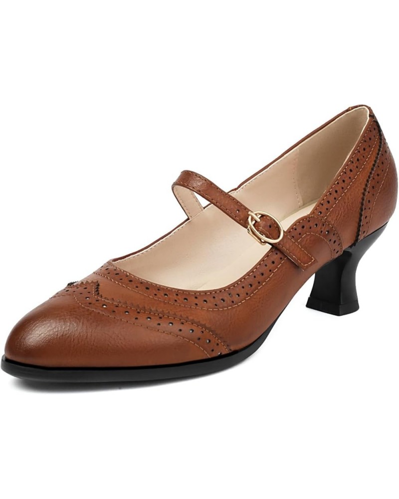 Women's Mary Jane Oxford Pumps Round Toe Low Heel Wingtip Shoes Retro Party Dress Shoes Brown $30.72 Pumps