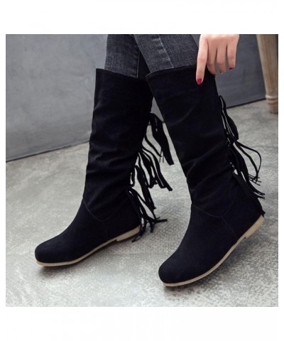 Women's Autumn And Winter European And American Retro Fashion Tassel Round Head Warm Women Rain Boots Wide Calf Size 11 Black...