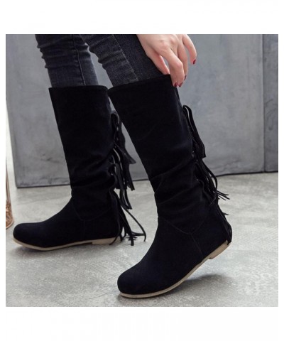 Women's Autumn And Winter European And American Retro Fashion Tassel Round Head Warm Women Rain Boots Wide Calf Size 11 Black...