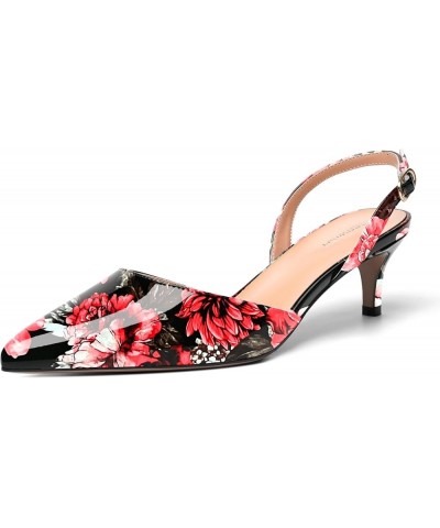 Womens Buckle Pointed Toe Dress Fashion Backstrap Dating Patent Kitten Low Heel Pumps Shoes 2 Inch Red Flower $37.14 Pumps