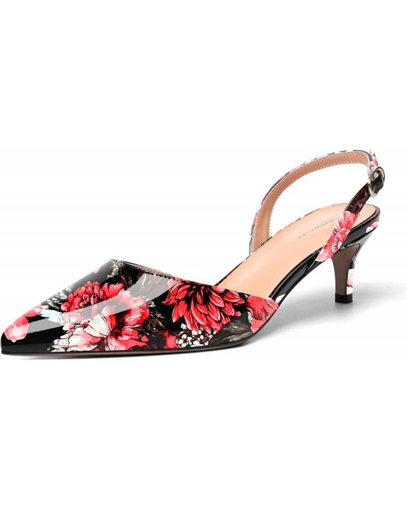 Womens Buckle Pointed Toe Dress Fashion Backstrap Dating Patent Kitten Low Heel Pumps Shoes 2 Inch Red Flower $37.14 Pumps