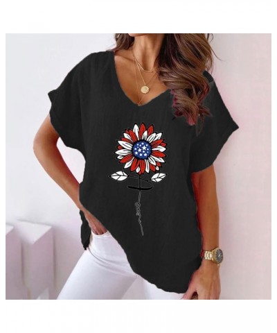 Soft V Neck Shirts Women Floral Print V Neck Cotton Casual Bat T Shirt Tennis Shirt Women Black➤➤ Independence Day Clothing $...