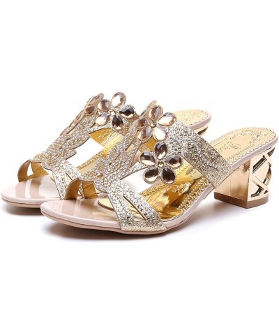 Sandals For Women Summer Dress Rhinestone Thick Square Heel Sandals Slides Pointed Toe Bling Casual Sandals D-gold $10.24 San...