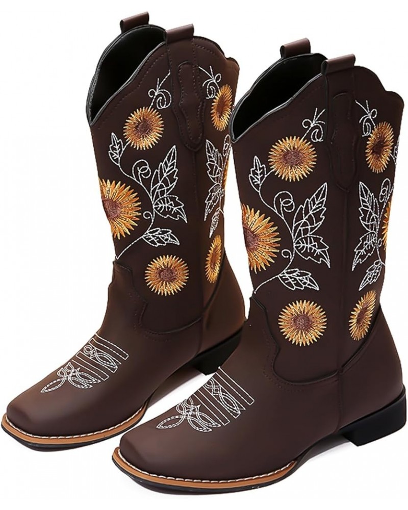 Cowgirl Boots for Women Cowboy Sunflower Mid Calf Western Boots Embroidery Stitched Square Toe Low Heel Brown Black Yellow US...