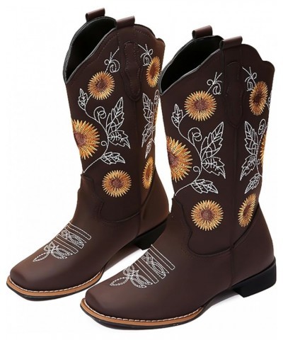 Cowgirl Boots for Women Cowboy Sunflower Mid Calf Western Boots Embroidery Stitched Square Toe Low Heel Brown Black Yellow US...