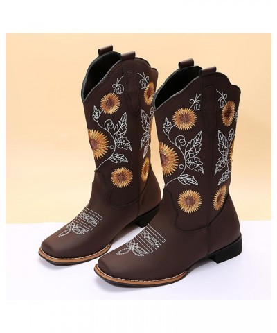 Cowgirl Boots for Women Cowboy Sunflower Mid Calf Western Boots Embroidery Stitched Square Toe Low Heel Brown Black Yellow US...