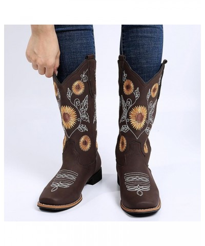 Cowgirl Boots for Women Cowboy Sunflower Mid Calf Western Boots Embroidery Stitched Square Toe Low Heel Brown Black Yellow US...