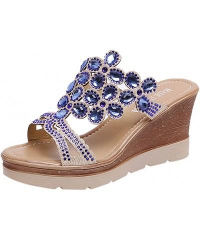 Sandals Slip-On Rhinestone Peep Summer Women Wedges Breathable Toe Beach Shoes Women's Wedges Tenis Shoes for Women (Blue, 5)...