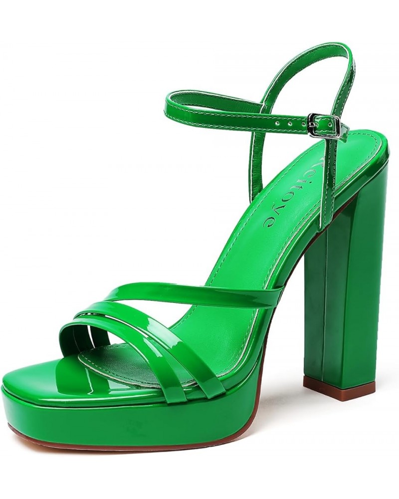 Women's Open Toe Platform Heeled Sandals Chunky Heel Ankle Strap Party High Heels Green $21.90 Sandals