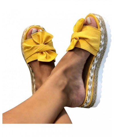 Women's Low Heel British Shoes Fashionable Solid Color Simple Bow Weaving Straw Woven Thick Sole Sandals and Slippers Yellow ...