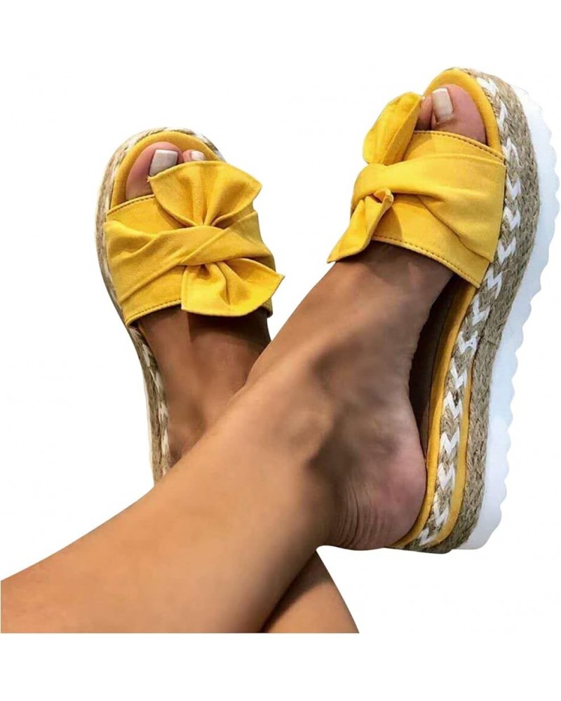 Women's Low Heel British Shoes Fashionable Solid Color Simple Bow Weaving Straw Woven Thick Sole Sandals and Slippers Yellow ...