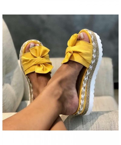 Women's Low Heel British Shoes Fashionable Solid Color Simple Bow Weaving Straw Woven Thick Sole Sandals and Slippers Yellow ...