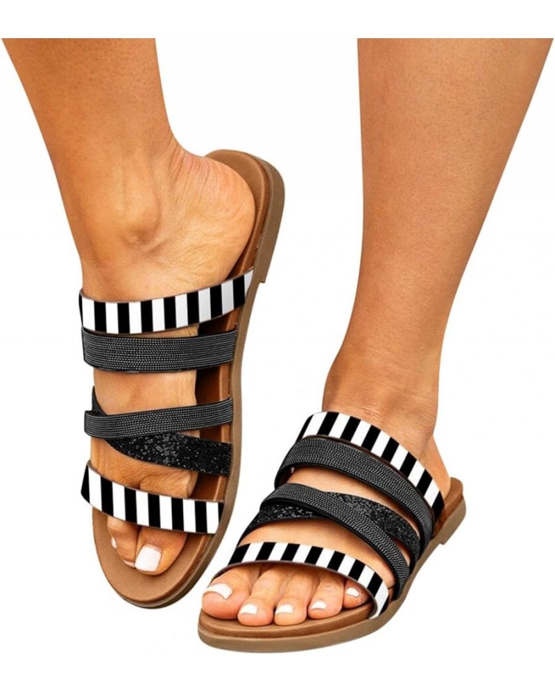 Womens Sandals Flip Flops Summer Sandals Striped Sandals Clip Toe Flip Flops Boho Casual Slippers Beach Shoes Black $11.88 Sa...