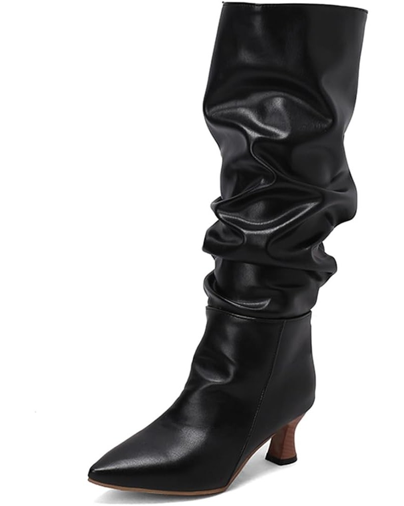 MEKEWUNEY Fashion Womens pleated boots Chunky Low Heel Mid calf Boots 539 Pu Black $26.83 Boots