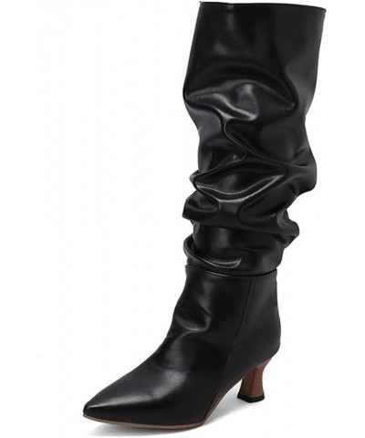 MEKEWUNEY Fashion Womens pleated boots Chunky Low Heel Mid calf Boots 539 Pu Black $26.83 Boots