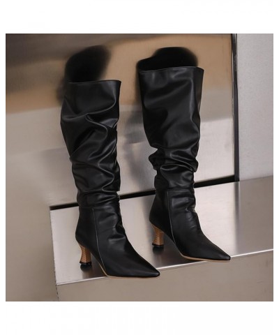 MEKEWUNEY Fashion Womens pleated boots Chunky Low Heel Mid calf Boots 539 Pu Black $26.83 Boots