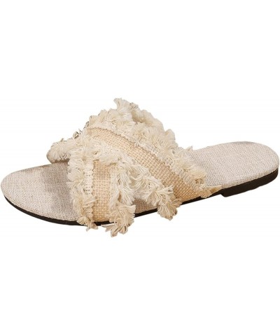 Ladies Fashion Summer Bohemian Style Solid Canvas Open Toe Flat Bottom Slippers Thong House Slippers for Women Beige $12.61 S...