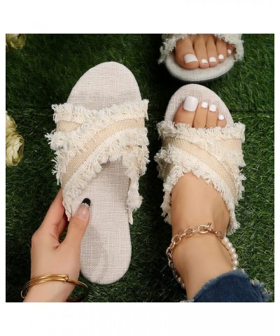 Ladies Fashion Summer Bohemian Style Solid Canvas Open Toe Flat Bottom Slippers Thong House Slippers for Women Beige $12.61 S...