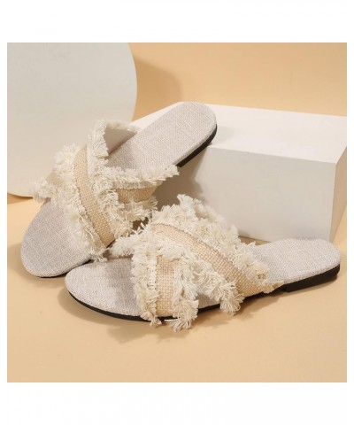 Ladies Fashion Summer Bohemian Style Solid Canvas Open Toe Flat Bottom Slippers Thong House Slippers for Women Beige $12.61 S...