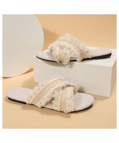 Ladies Fashion Summer Bohemian Style Solid Canvas Open Toe Flat Bottom Slippers Thong House Slippers for Women Beige $12.61 S...