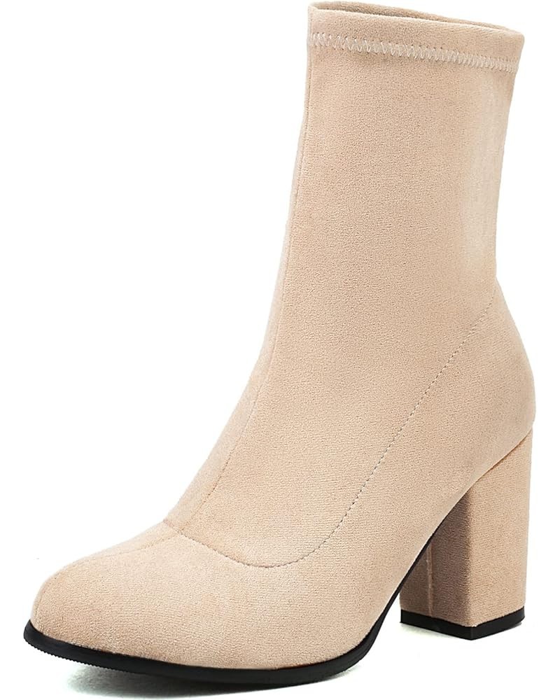 Women's Casual Solid Color Slip-on Sock Ankle Boots with Chunky Heel Beige-1 $31.34 Boots