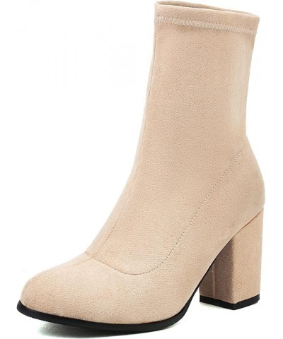 Women's Casual Solid Color Slip-on Sock Ankle Boots with Chunky Heel Beige-1 $31.34 Boots