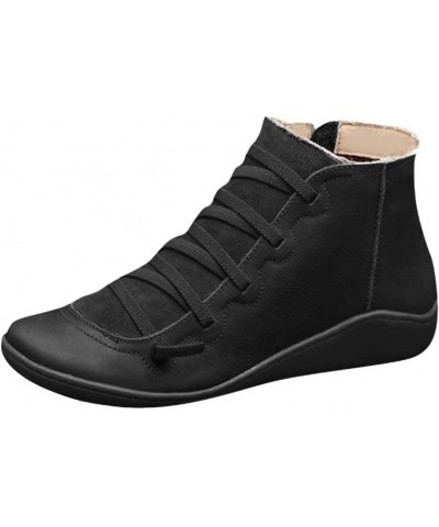 Side Zipper Ankle Booties for Women, Women's Flat Leather Retro Lace-up Boots Side Zipper Round Toe Shoes Black $14.71 Fashio...